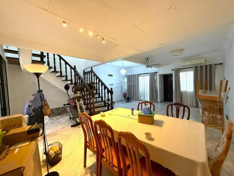 Dining features: marble flooring, white painted walls, ceiling with recessed downlights, dining table with 8 wooden chairs, floor-to-ceiling windows with sheer curtains, decorative ceiling light, open layout to living area, staircase with wooden railing; style: modern. Living features: marble flooring, white painted walls, ceiling with recessed downlights, floor-to-ceiling windows with sheer curtains, sofa partially visible, decorative lamp, open layout to dining area; style: modern.
