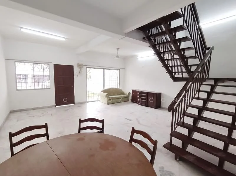 Living features: marble flooring, white painted walls, ceiling fan, large windows, wooden staircase, green fabric sofa, wooden sideboard, dining table with chairs; style: modern.
