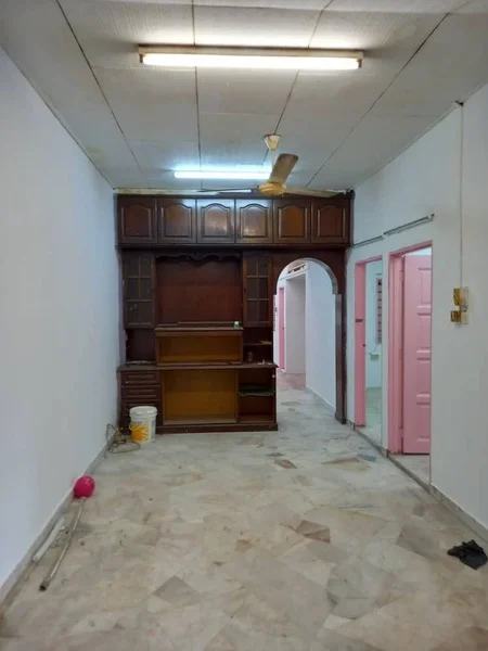 Room features: white painted walls, marble flooring, ceiling fan, built-in wooden cabinet, arched doorway, pink doors, light fixtures on ceiling, clean and uncluttered space; style: traditional.