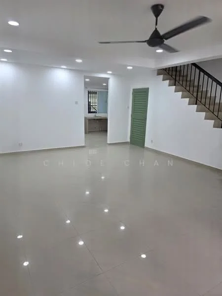 Living features: white painted walls, polished tile flooring, 5-blade ceiling fan with light, recessed LED downlights, staircase with metal railing, large window for natural light, open layout, neutral color scheme; style: modern.