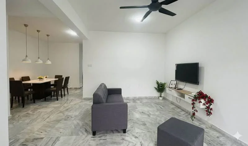 Living features: grey fabric sofa, marble flooring, wall-mounted TV, ceiling fan, white painted walls, decorative wall shelf, potted plant, decorative flowers; style: modern. Dining features: 6-seater dining table, upholstered dining chairs, pendant lighting, white painted walls; style: modern.