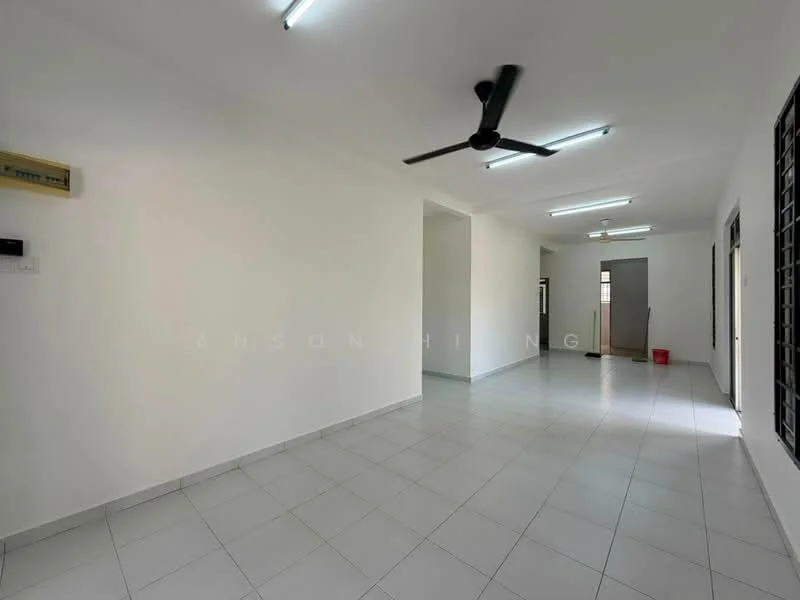 Room features: white painted walls, tile flooring, 2 ceiling fans, LED ceiling lights, large windows, open layout, neutral color scheme, no visible furniture; style: modern.