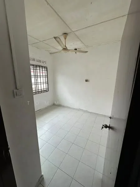 Room features: white painted walls, ceiling fan, tile flooring, window with security bars, light fixture, corner room, plain ceiling, no visible furniture; style: minimalist.