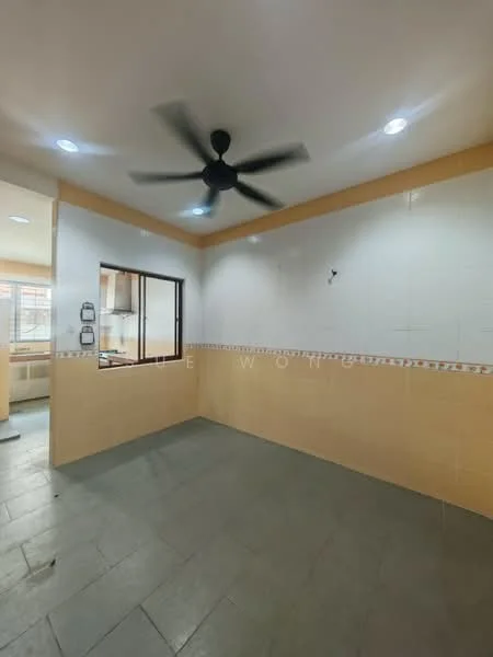 Room features: grey tiled flooring, white painted walls, ceiling fan, recessed downlights, window with black frame, tile backsplash, corner wall with no visible features, open layout to adjacent room.