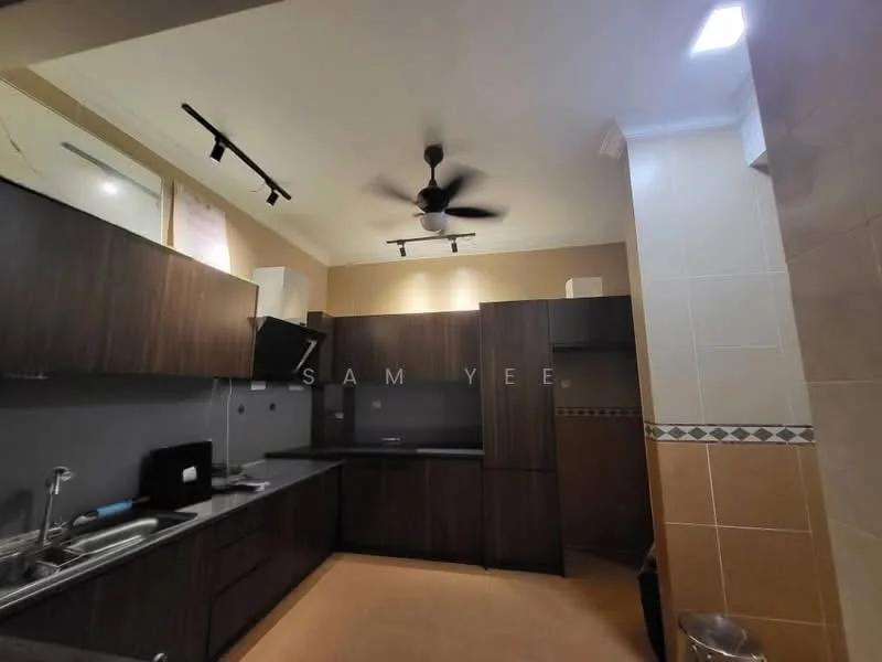 Kitchen features: dark wood cabinetry, black countertop, stainless-steel sink, chrome pull-down faucet, built-in oven, freestanding range oven, recessed LED downlights, 5-blade ceiling fan, tile flooring, wall-mounted cabinets, backsplash with decorative tile, open shelving; style: modern.