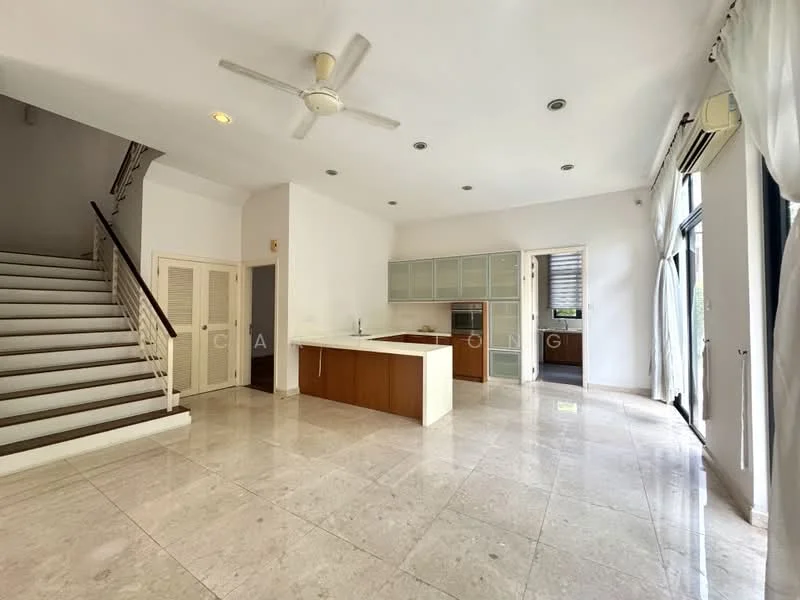 Living features: marble tile flooring, white painted walls, ceiling fan, large windows with sheer curtains, open kitchen layout, kitchen island with countertop, built-in cabinetry, stainless-steel appliances, sliding glass door leading outside, staircase with white railing; style: modern; view: garden.