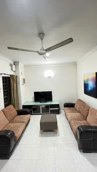 Living features: 2-seater fabric sofa in beige with brown accents, 3-seater fabric sofa in beige with brown accents, coffee table with brown fabric upholstery, wall-mounted TV, TV console in black and white, ceiling fan with light, recessed downlights, cream painted walls, white tiled flooring, curtains in beige, decorative wall art with abstract design; style: modern.