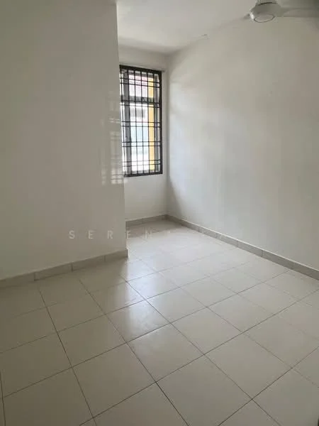 Room features: white painted walls, tile flooring, single window with security grille, ceiling fan.