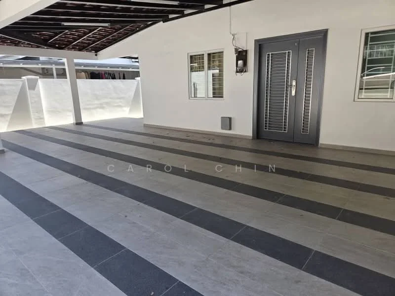 Exterior features: covered patio, grey tiled flooring, white painted walls, sliding glass door, multiple windows, overhead beams, outdoor space, minimalist design; style: modern.