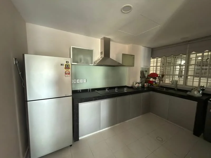 Kitchen features: stainless-steel fridge, stainless-steel range hood, black granite countertop, grey cabinetry, glass upper cabinets, white tiled backsplash, ceramic tile flooring, window with sheer curtains, sink, kitchen appliances, wall-mounted switches; style: modern.