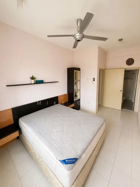 Bedroom features: queen-size bed, light-colored bedding, ceiling fan with light, white painted walls, built-in wardrobe, shelf above the bed, tile flooring, window with natural light; style: modern.