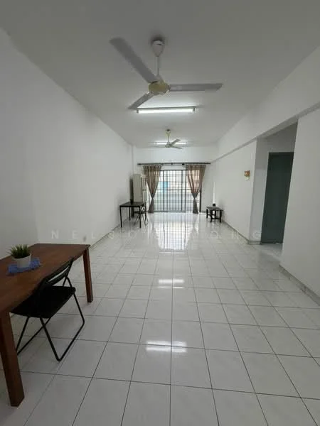 Living features: white painted walls, glossy white tile flooring, 2 ceiling fans, large window with sheer curtains, dining table with 1 chair, black folding chair, open space layout, natural light from window; style: modern.