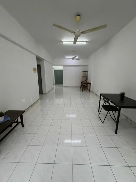 Room features: white painted walls, glossy white tile flooring, ceiling fan, 2 ceiling lights, 2 wooden chairs, 1 small table, 1 larger table, open layout, neutral decor; style: minimalist.