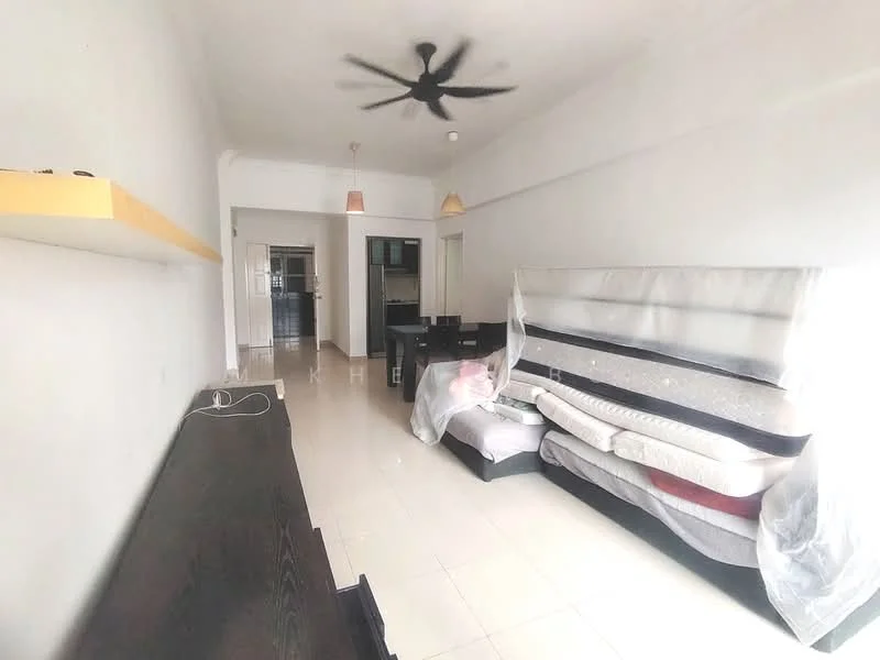 Living features: white painted walls, tile flooring, 5-blade ceiling fan, sofa, dining table, stacked mattresses, wooden console, pendant lighting.