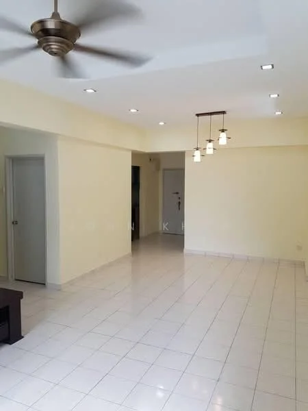 Living features: white painted walls, glossy white tile flooring, 5-blade ceiling fan with light, recessed LED downlights, hanging pendant lights, open layout, doorway leading to hallway, neutral color scheme; style: modern.