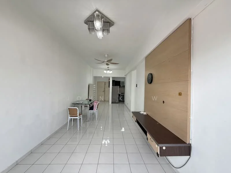 Living features: white painted walls, glossy white tile flooring, 5-blade ceiling fan, chandelier, wall-mounted TV console, dining table with four chairs, open layout, natural light from windows, neutral decor; style: modern.