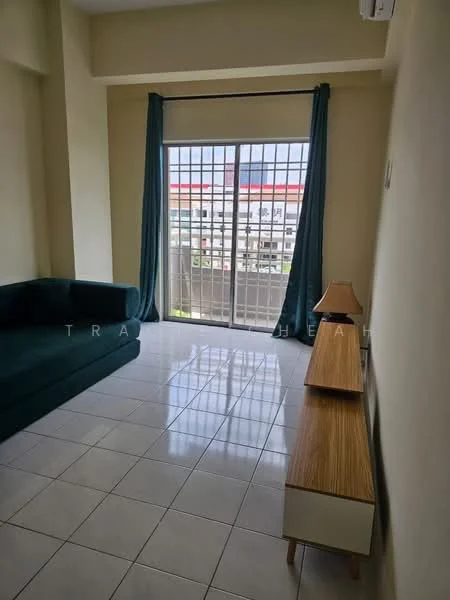 Living features: green fabric sofa, white walls, tile flooring, floor-to-ceiling windows, sliding glass door, curtains in teal, wooden console table, lamp on console table, natural light from window; style: modern; view: city.