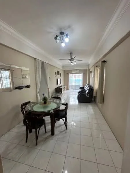 Living features: white painted walls, glossy white tile flooring, recessed downlights, 5-blade ceiling fan with light, round glass dining table, 4 wooden dining chairs, black leather sofa, TV console, decorative mirror, curtains, window with grid pattern; style: modern.