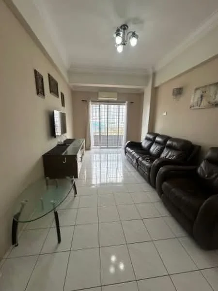Living features: brown leather sofa, 3-seater sofa, glass coffee table, TV console, wall-mounted TV, white tiled flooring, cream painted walls, recessed ceiling lights, sliding glass door, sheer curtains; style: modern; view: city.