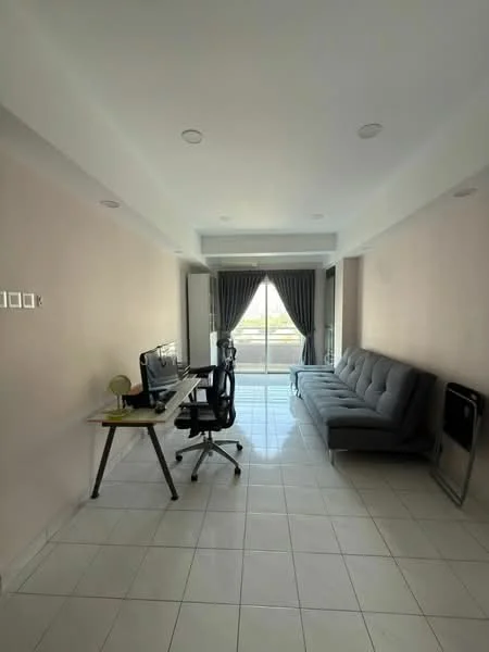 Living features: grey fabric sofa, glass coffee table, black office chair, wooden desk, floor-to-ceiling windows, curtains, white tiled flooring, recessed downlights, wall-mounted TV, decorative wall, open layout; style: modern; view: city.