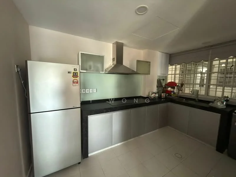 Kitchen features: stainless-steel fridge, built-in oven, stainless-steel range hood, black granite countertop, silver cabinetry, glass upper cabinets, white tiled backsplash, ceramic tile flooring, window with sheer curtains, sink with faucet; style: modern.