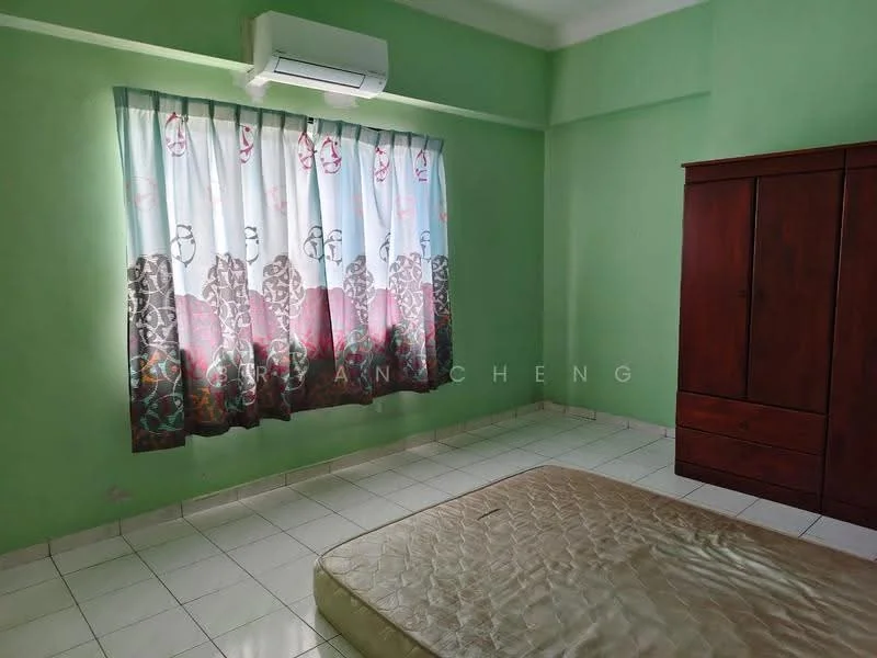 Bedroom features: green painted walls, white tiled flooring, floor-to-ceiling window with sheer curtains, 1 wall-mounted split AC, wooden wardrobe, unmade bed with mattress.