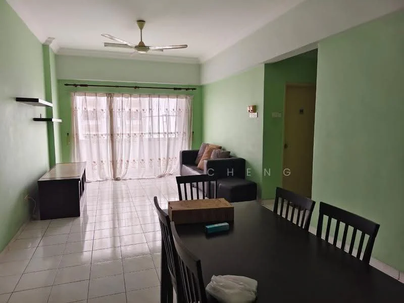 Living features: green painted walls, white tiled flooring, 5-blade ceiling fan, floor-to-ceiling windows with sheer curtains, black fabric sofa, wooden coffee table, dining table with black chairs, wall-mounted shelves; style: modern.