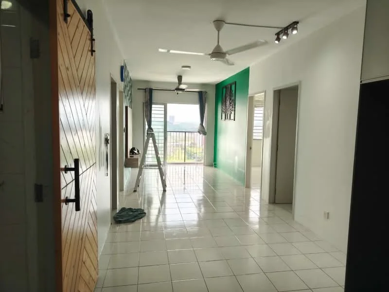 Room features: white painted walls, green accent wall, glossy white tile flooring, ceiling fan, recessed downlights, large window with city view, sliding door, ladder, decorative artwork on wall, curtains, door with wood paneling; style: modern; view: city.