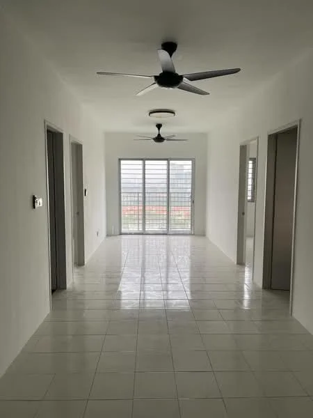 Room features: white painted walls, glossy white tile flooring, 2 ceiling fans, sliding glass door, floor-to-ceiling windows, natural light, neutral color scheme, open layout; style: modern; view: city.