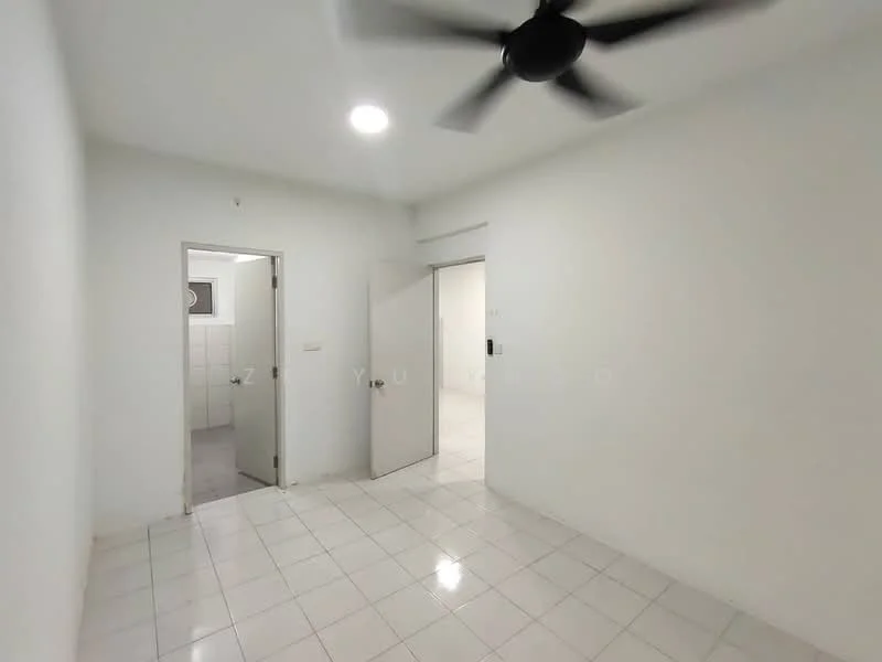 Room features: white painted walls, white tiled flooring, ceiling fan, door leading to another room, door leading to bathroom, light switch, window, neutral decor.
