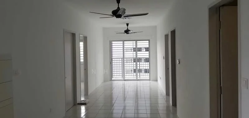 Room features: white painted walls, glossy white tile flooring, 2 ceiling fans, sliding glass door, window with horizontal blinds, door frames, light switches, door handles; style: modern.