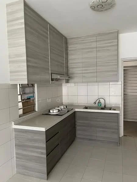 Kitchen features: grey laminate cabinetry, white quartz countertop, stainless-steel sink, chrome pull-down faucet, 4-burner gas hob, built-in oven, white tiled backsplash, light grey tiled flooring, recessed ceiling lights, upper cabinets with handle-less design; style: modern.