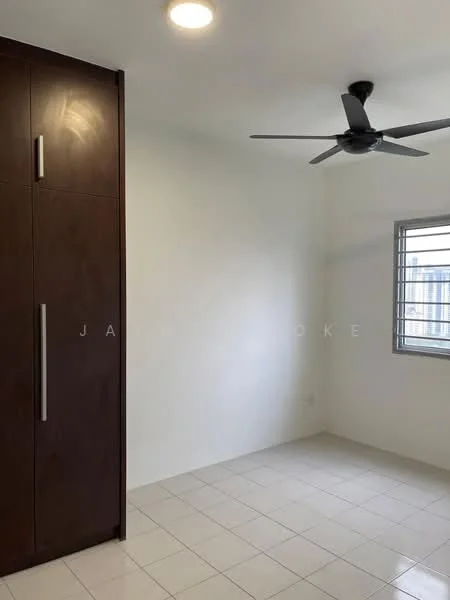 Bedroom features: white painted walls, tile flooring, built-in wardrobe with dark wood finish, 5-blade ceiling fan, window with metal grille, natural light from window; style: modern.