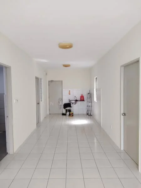 Room features: white painted walls, glossy ceramic tile flooring, recessed ceiling lights, two wooden doors, one metal door, window with natural light, clean and uncluttered space, utility area with sink, storage rack, fire extinguisher; style: minimalist.