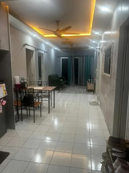 Dining features: white painted walls, glossy white floor tiles, 5-blade ceiling fan with light, recessed LED downlights, dining table with four chairs, open shelving, kitchen cabinetry, sliding glass door, curtains, green sofa, decorative wall mirror; style: modern. Living features: green sofa, curtains, recessed LED downlights, wall-mounted mirror; style: modern.