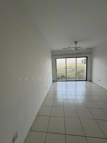 Room features: white painted walls, ceramic tile flooring, 5-blade ceiling fan, floor-to-ceiling sliding glass door, balcony access, natural light from large window, neutral color scheme; style: minimalist; view: garden.