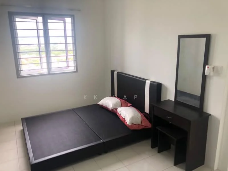 Bedroom features: queen-size bed, upholstered headboard, two white pillows, nightstand with drawer, mirror on nightstand, floor-to-ceiling window, white painted walls, tile flooring; style: minimalist; view: city.