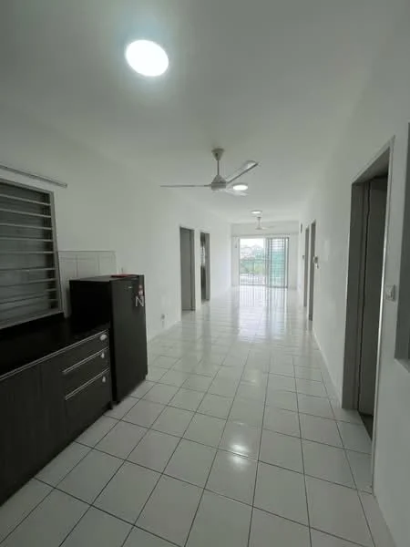 Room features: white painted walls, white tiled flooring, ceiling fan, sliding glass door, window with horizontal blinds, black refrigerator, kitchen cabinetry, open layout, natural light from sliding door, view of outdoor space; style: modern; view: garden.