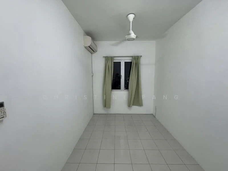 Room features: white painted walls, tile flooring, ceiling fan, 1 wall-mounted split AC, floor-to-ceiling window, sheer curtains; style: minimalist; view: city.