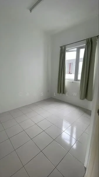 Room features: white painted walls, white tiled flooring, floor-to-ceiling window, curtains in light green, no visible furniture, neutral lighting, single light fixture on ceiling; style: minimalist.