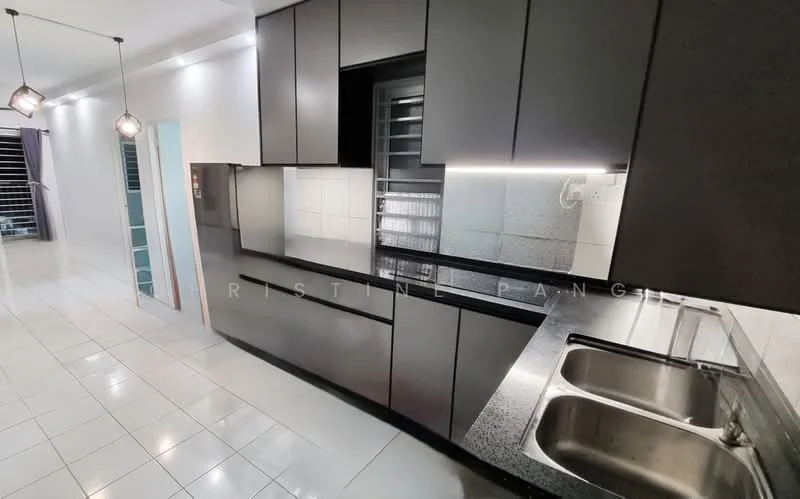 Kitchen features: black cabinetry, granite countertop, double-bowl stainless-steel sink, chrome pull-down faucet, white tiled backsplash, recessed LED downlights, white porcelain tile flooring, built-in appliances, open shelving; style: modern.