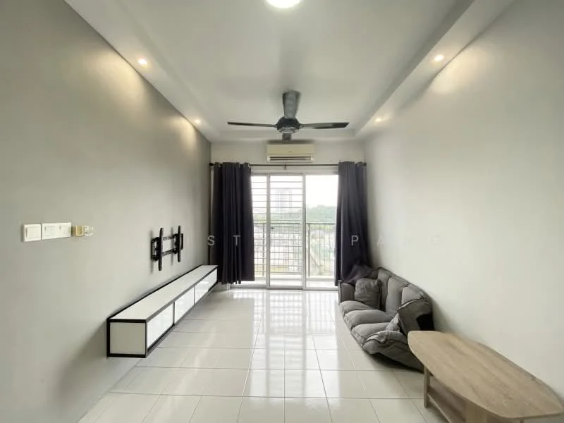 Living features: grey painted walls, white tiled flooring, 5-blade ceiling fan with light, floor-to-ceiling windows, sliding glass door, blackout curtains, sofa in grey fabric, wooden coffee table, TV console, recessed downlights; style: modern; view: city.