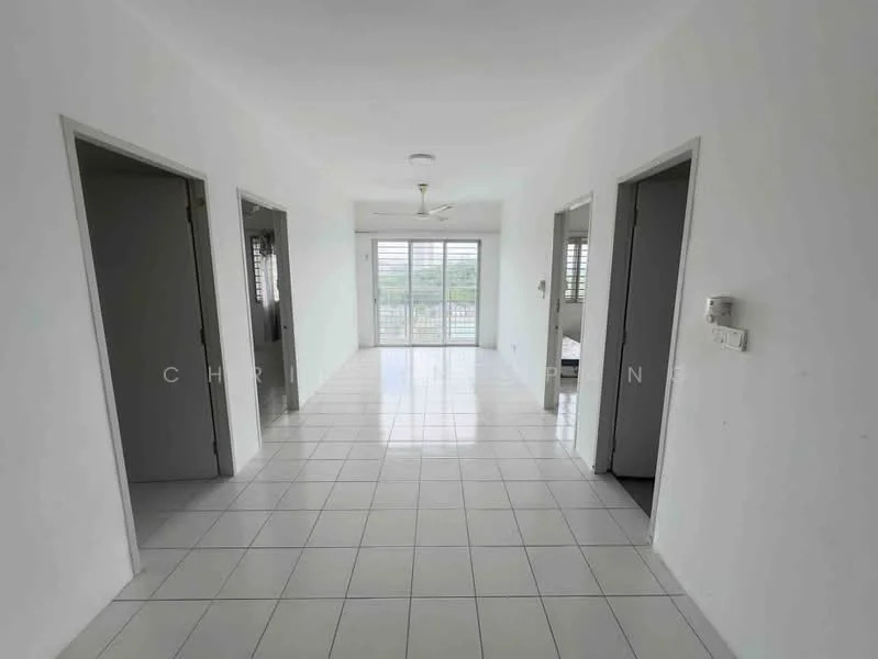 Hallway features: white painted walls, glossy white tile flooring, ceiling fan, sliding glass door leading to balcony, multiple doorways leading to other rooms, natural light from windows, neutral color scheme; style: modern; view: garden.