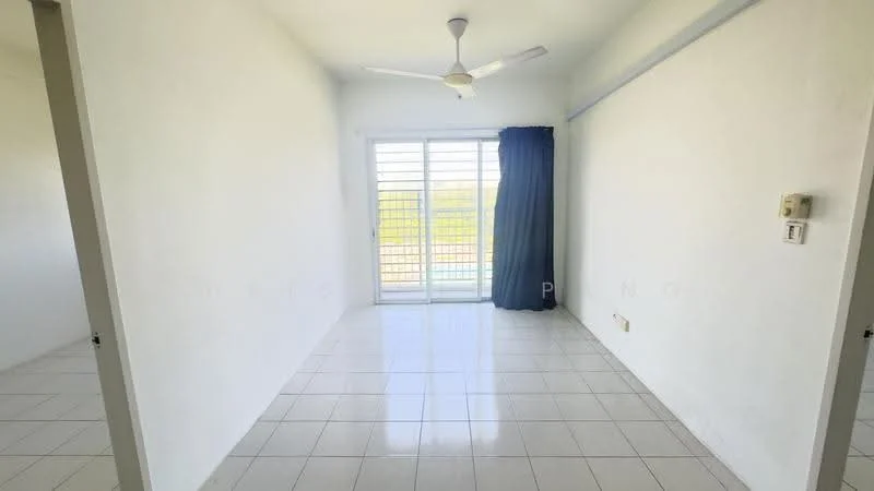 Room features: white painted walls, glossy white tile flooring, ceiling fan, sliding glass door, curtain, window with view, light switch, power outlet.