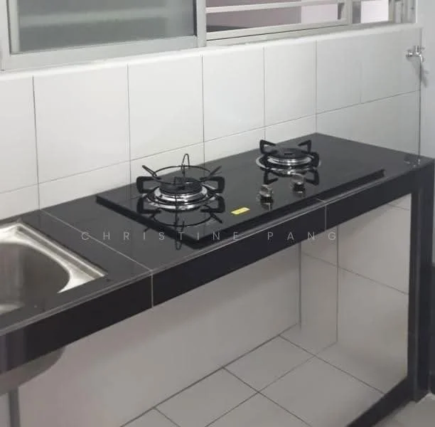 Kitchen features: black granite countertop, stainless-steel single-bowl sink, 2-burner gas hob, white tiled backsplash, white tiled walls, grey floor tiles, metal faucet, open shelving below countertop; style: modern.