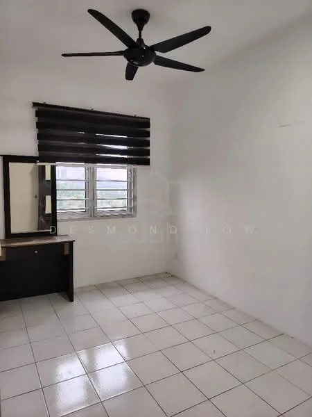 Room features: white painted walls, white tiled flooring, ceiling fan, black window blinds, window with multiple panes, desk with mirror, built-in wardrobe, natural light from window; style: minimalist.