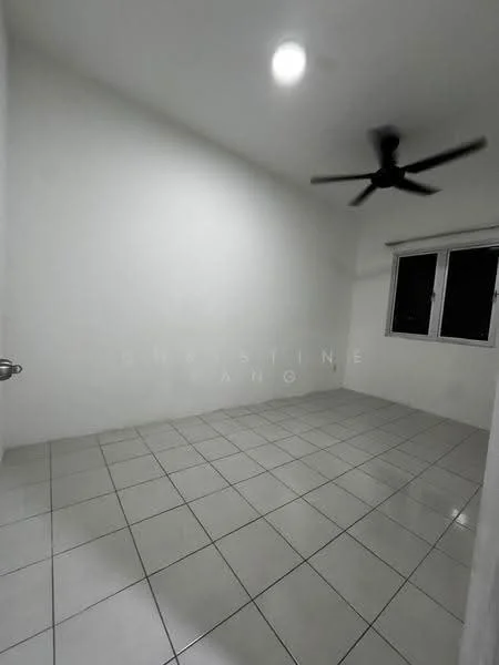 Room features: white painted walls, tile flooring, ceiling fan, two windows, light fixture.