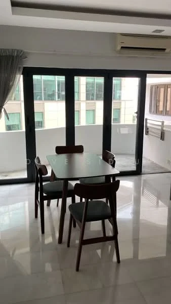 Dining features: 4-seater wooden dining table, wooden dining chairs with upholstered seats, marble flooring, floor-to-ceiling windows, sheer curtains, air conditioning unit, white painted walls, natural light from windows; style: modern; view: city.
