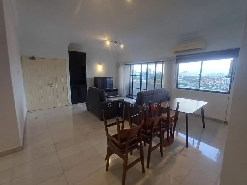 Living features: marble tile flooring, white painted walls, tray ceiling, 5-blade ceiling fan with light, floor-to-ceiling windows, curtains, sofa in grey fabric, TV console, wall-mounted TV, dining table, 4 wooden dining chairs; style: modern; view: city.