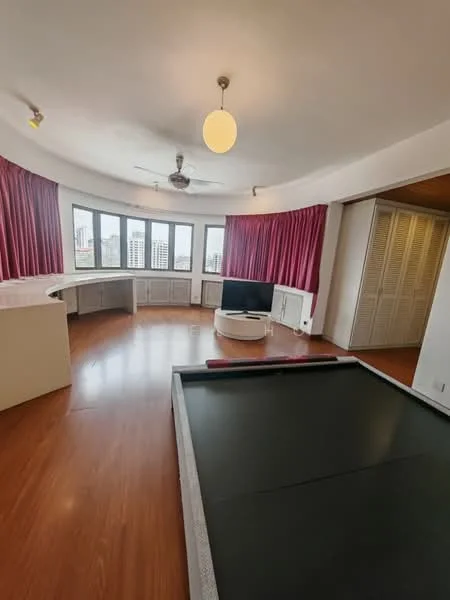 Living features: wooden flooring, pink curtains, ceiling fan with light, round ceiling light, TV console, built-in cabinetry, large windows, open layout, curved wall design; style: modern; view: city.